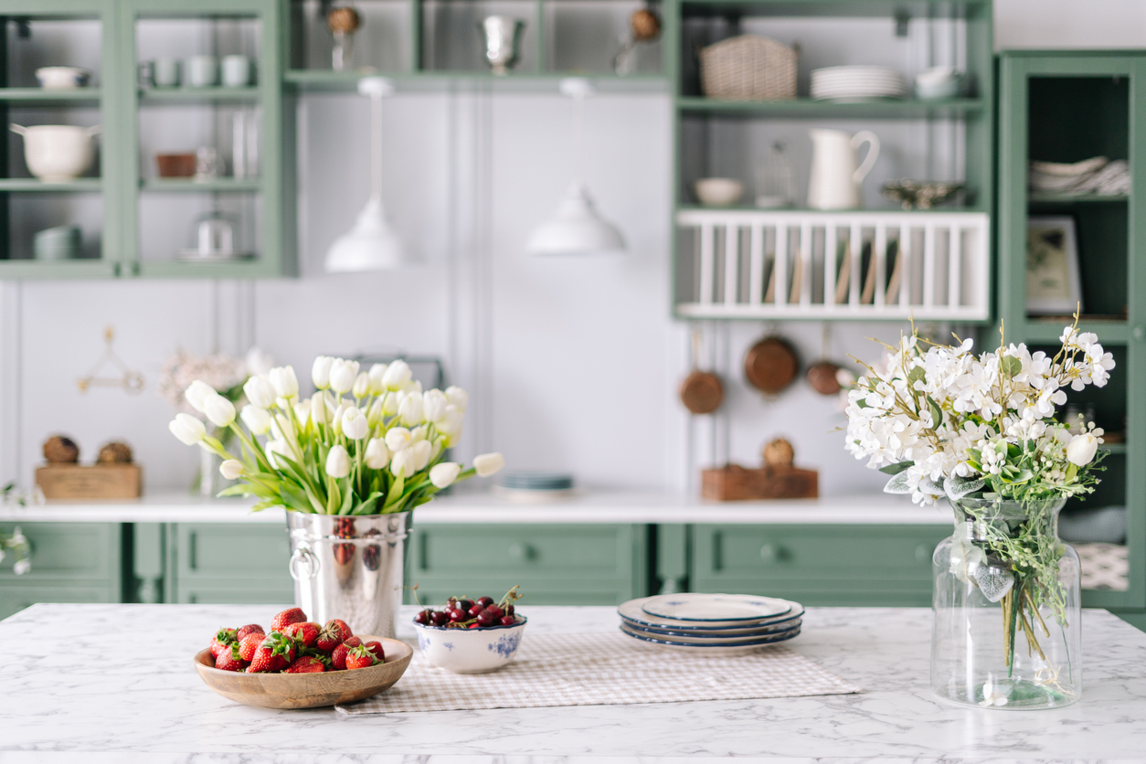 kitchen with spring flowers on counter