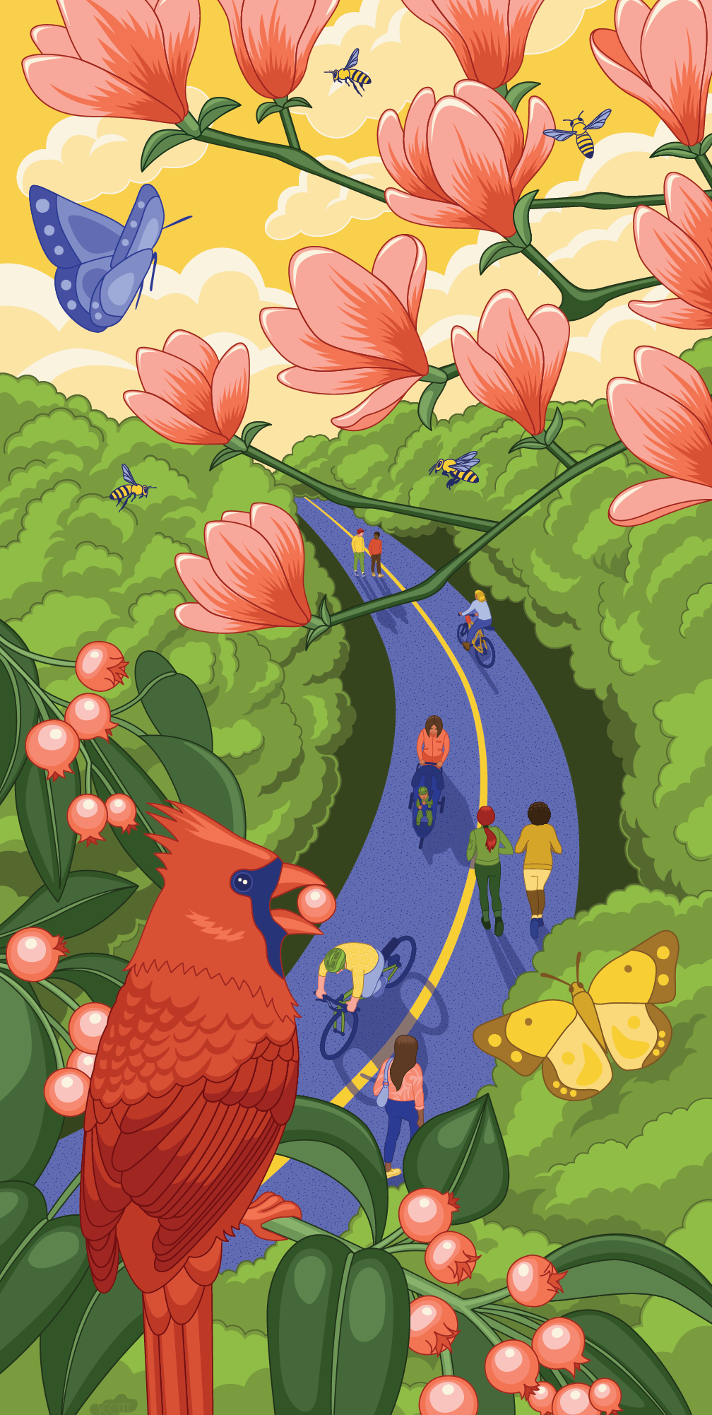 illustration of a walking trail with people walking and biking and nature scene