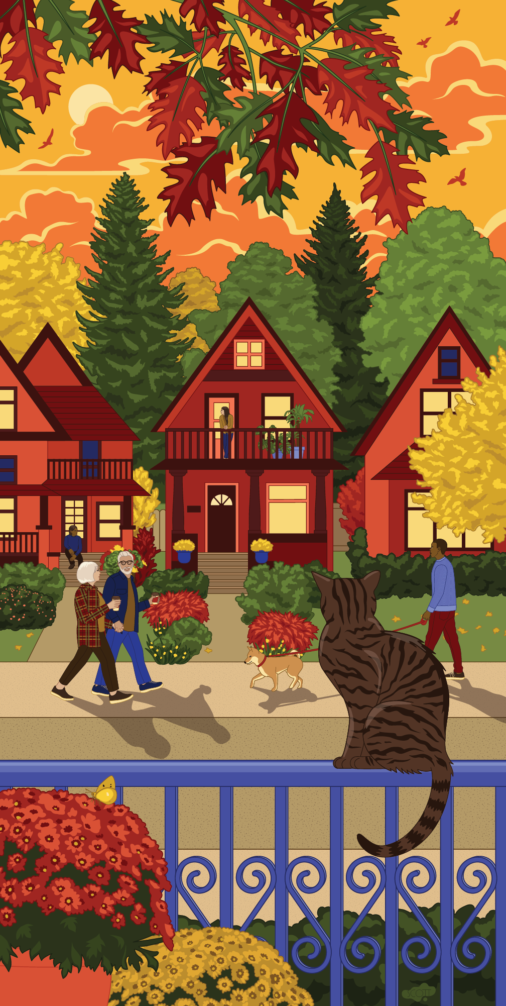 illustration of streetscape and people walking on the sidewalk while a cat looks on