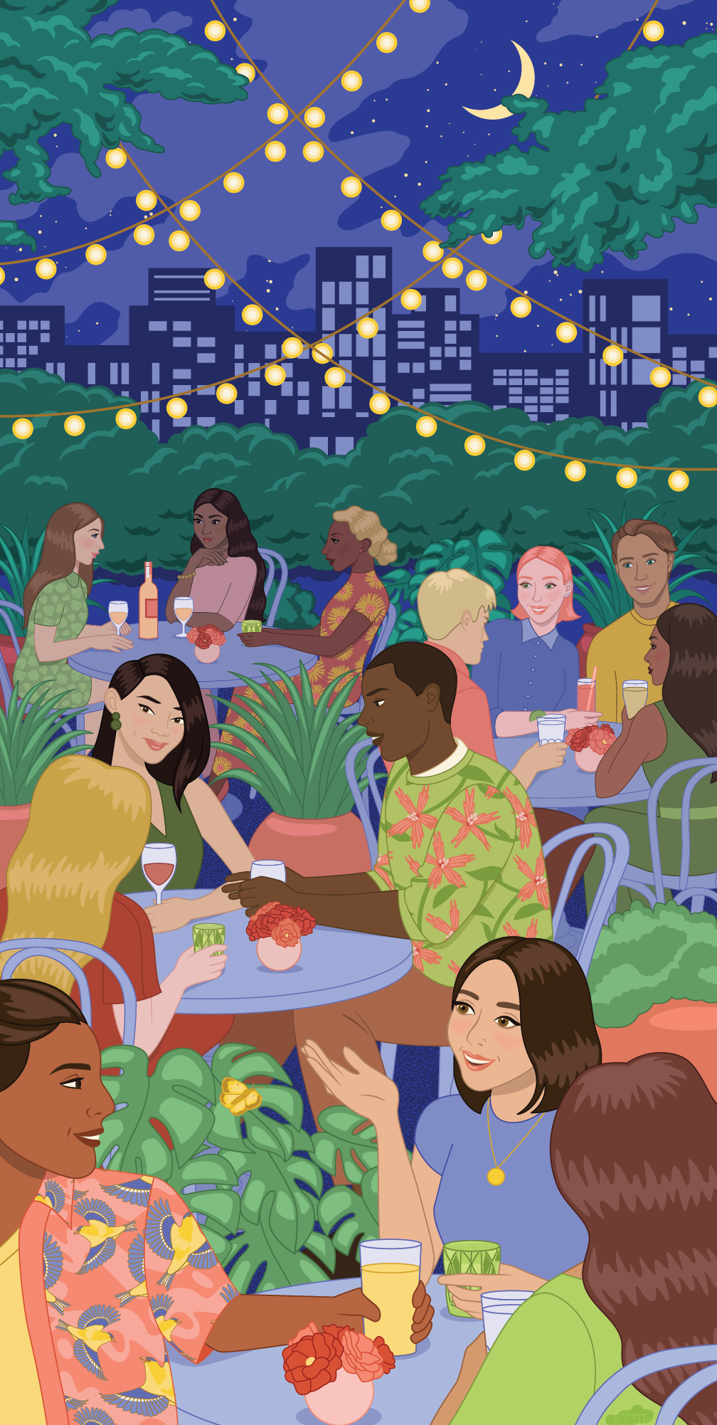 illustration of  many people at a outdoor patio